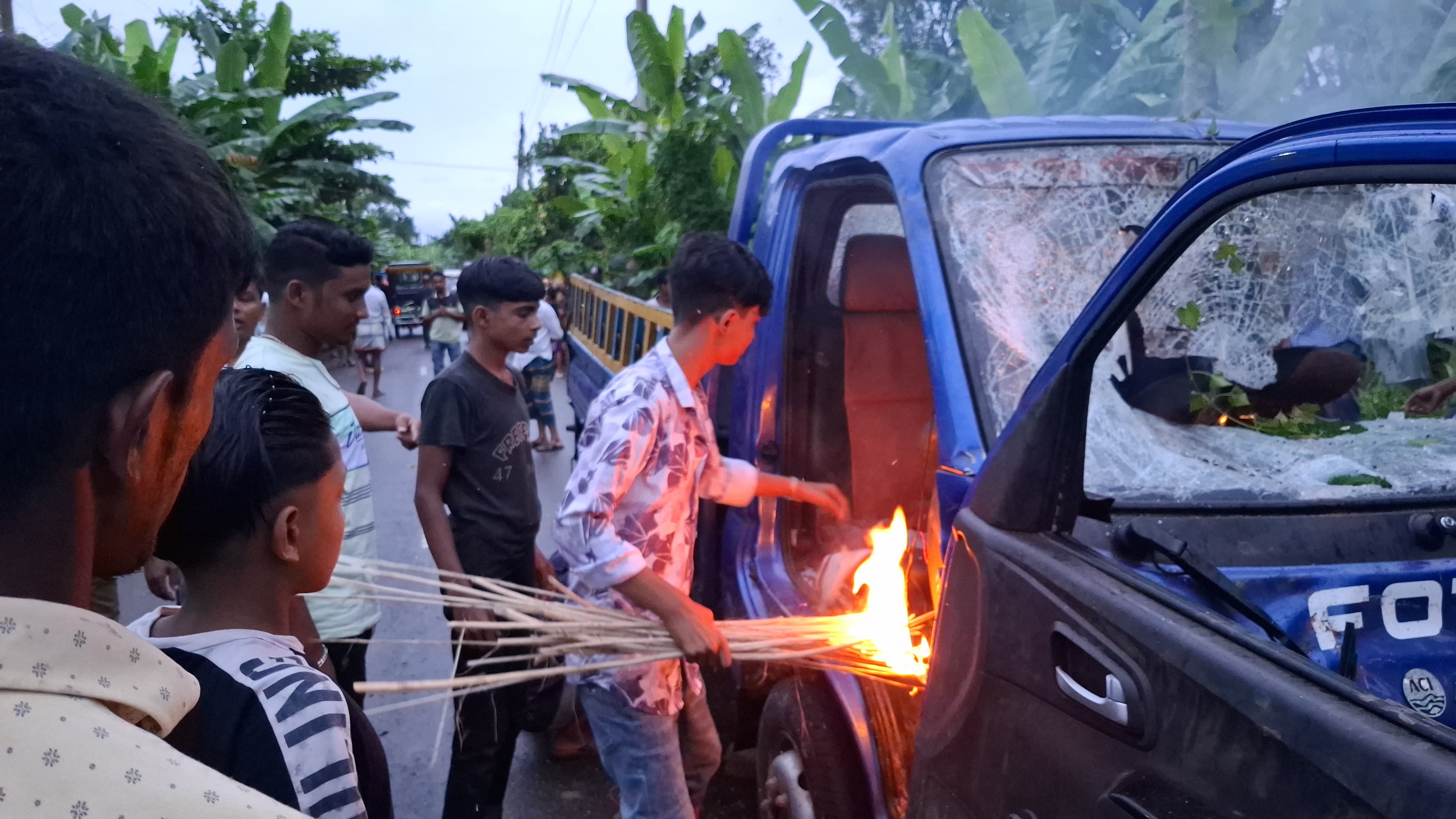 In Madaripur, two people were beaten up on suspicion of cow theft, and the pickup was set on fire
